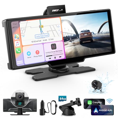 iiwey Portable Apple Carplay Screen, 10’’ Car Stereo Wireless Car Play & Android Auto Touch Screen, 4K Dash Cam, 1080P Backup Camera, Mirror Link/Voice Control/Music Play/GPS Navigation - Image 1