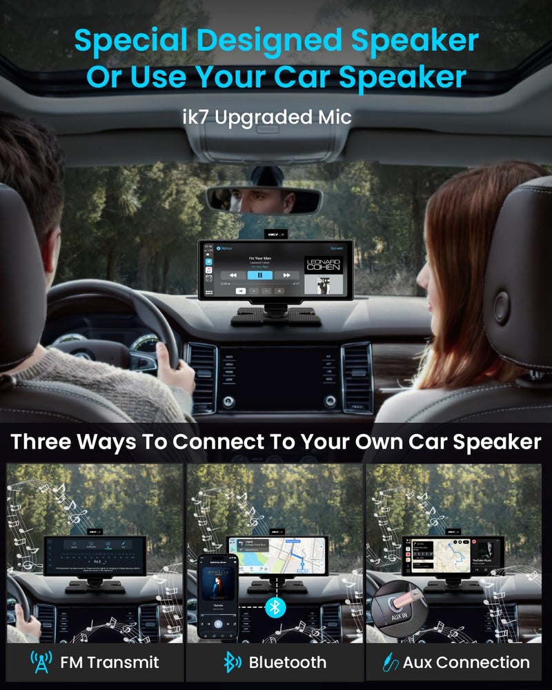iiwey Portable Apple Carplay Screen, 10’’ Car Stereo Wireless Car Play & Android Auto Touch Screen, 4K Dash Cam, 1080P Backup Camera, Mirror Link/Voice Control/Music Play/GPS Navigation - Image 5