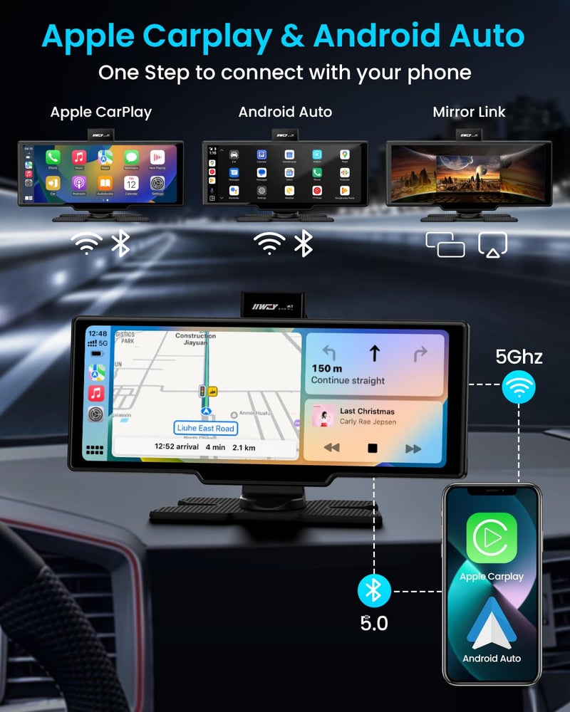 iiwey Portable Apple Carplay Screen, 10’’ Car Stereo Wireless Car Play & Android Auto Touch Screen, 4K Dash Cam, 1080P Backup Camera, Mirror Link/Voice Control/Music Play/GPS Navigation - Image 2