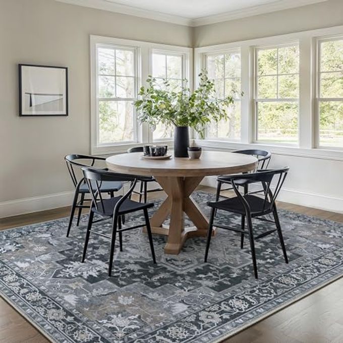 GENIMO 8x10 Area Rugs for Living Room, Machine Washable Non Slip Vintage Rugs, Low Pile Lightweight Chenille Print Rug for Bedroom, Dining Room, Home Office,Dark Gray - Image 5