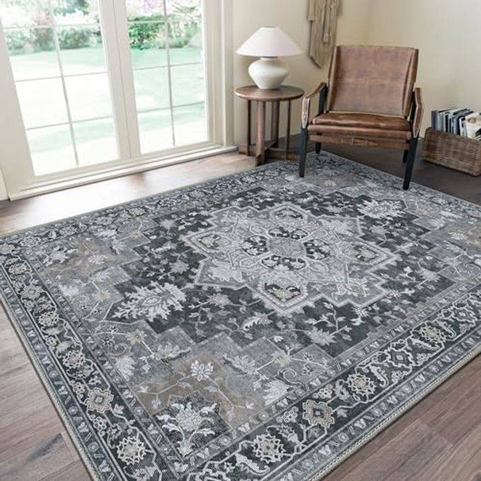 GENIMO 8x10 Area Rugs for Living Room, Machine Washable Non Slip Vintage Rugs, Low Pile Lightweight Chenille Print Rug for Bedroom, Dining Room, Home Office,Dark Gray - Image 1