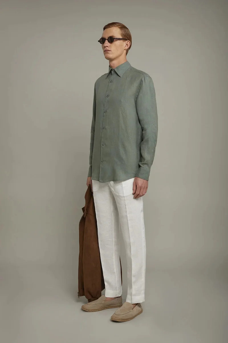 Doppelganger Green Men's casual shirt classic collar 100% linen comfort fit - Sage Green for Men | Best Price UAE