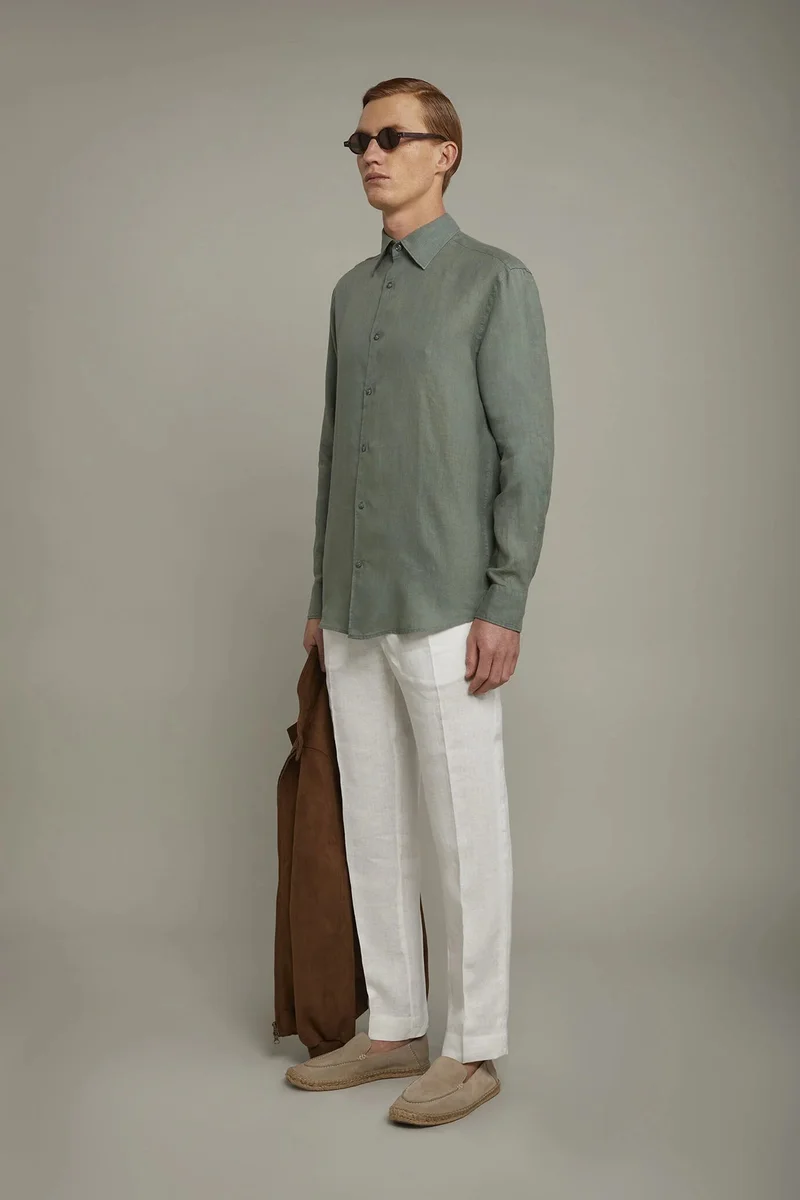 دوبل غانغر Men's casual shirt classic collar 100% linen comfort fit - Sage Green