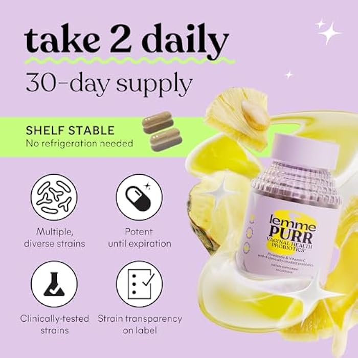 Lemme Purr Vaginal Probiotics for Women - Promotes pH Balance, Healthy Vaginal Odor & Urinary Tract Health w/Lactobacillus Blend, Clinically Tested Strains, Pineapple & Vitamin C - 60 Veggie Capsules - Image 4
