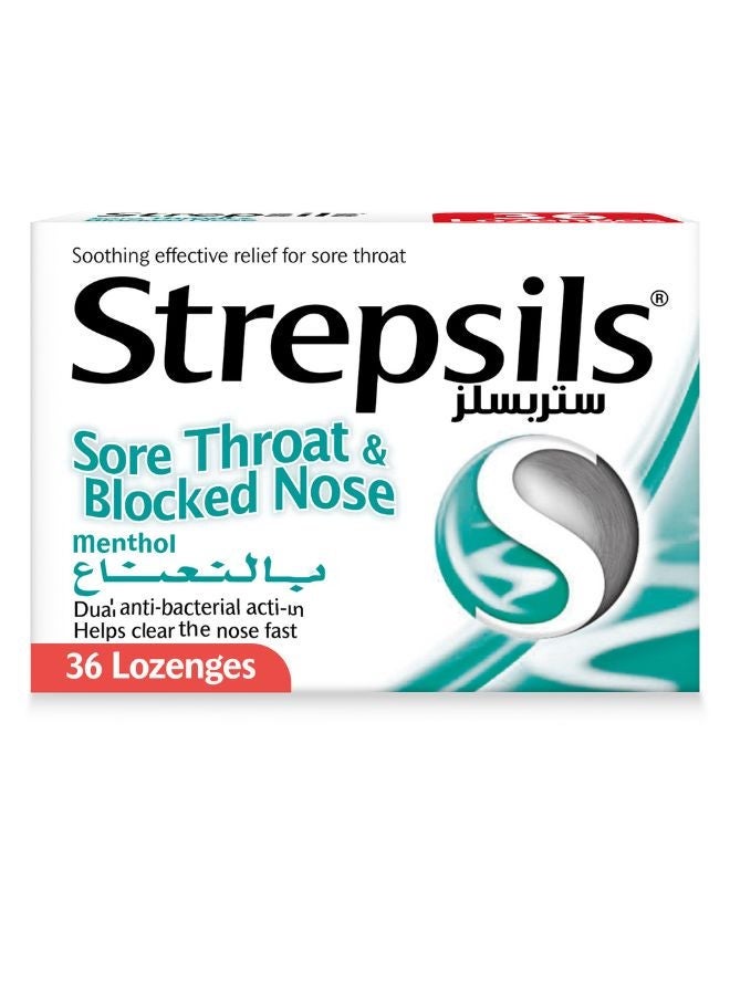 Strepsils أقراص ستربسيلز المنعشة لالتهاب الحلق وسد الأنف - عمل مضاد للبكتيريا مزدوج - تخفيف فعال وسريع من التهاب الحلق 36 قرصًا - Image 1