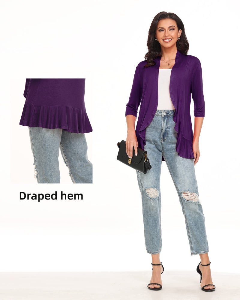 Argstar Purple Cardigan for Women, Lightweight Open Front Casual Soft Draped Ruffles 3/4 Sleeve X-Large - Image 5