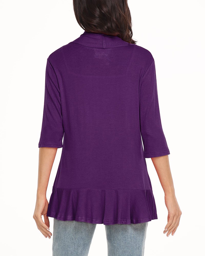 Argstar Purple Cardigan for Women, Lightweight Open Front Casual Soft Draped Ruffles 3/4 Sleeve X-Large - Image 3