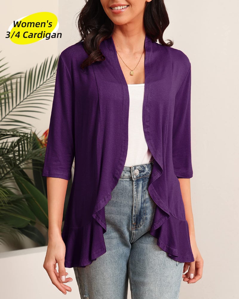 Argstar Purple Cardigan for Women, Lightweight Open Front Casual Soft Draped Ruffles 3/4 Sleeve X-Large - Image 4