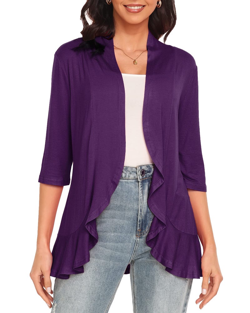 Argstar Purple Cardigan for Women, Lightweight Open Front Casual Soft Draped Ruffles 3/4 Sleeve X-Large - Image 1