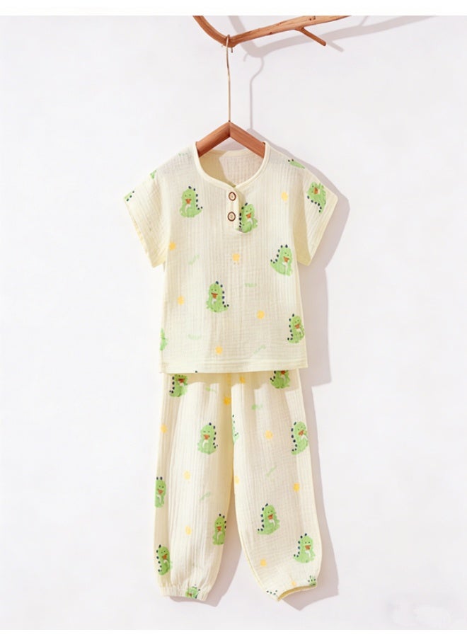 مجموعة بنطال نوم صيفي للأطفال - ملابس منزلية قصيرة الأكمام من الشاش الناعم (للذكور والإناث، مطبوعة بالديناصور) | ملابس نوم رقيقة لجمالى الهواء - Image 1