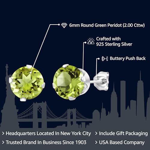 Gem Stone King 925 Sterling Silver Green Peridot Stud Earrings For Women Men (2.00 Cttw, Gemstone Birthstone, Round 6MM) - Image 2