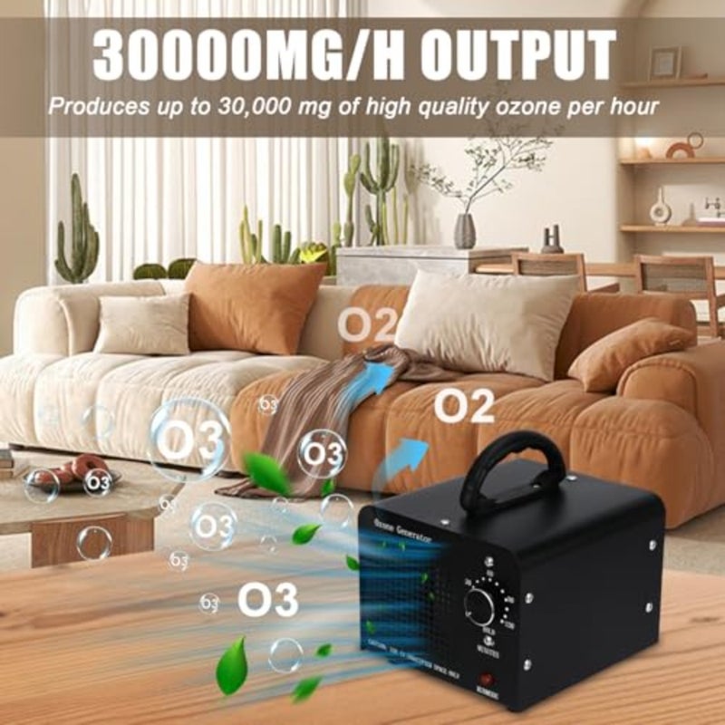 Commercial/industrial ozone generator for rooms, smoke, cars, pets; stainless steel; silver; 30000mg/h capacity, 120min timer, carrying handle - Image 2