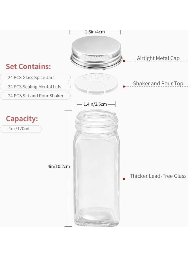 HOMESTAR 24-Piece Glass Spice Jar Set with Airtight Metal Caps- Seasoning Organizer for Kitchen Cabinet Spice Rack with Shaker Lids, Labels, Silicone Collapsible Funnel, Sponge Brush, White board Pen 120ml - Image 2