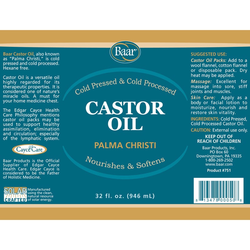 Baar Cold-Pressed Castor Oil, Cold-Processed, Hexane-Free, Palma Christi, for Skin, Hair, Massage & Castor Oil Packs, BPA-Free Bottle, 32 oz - Image 2