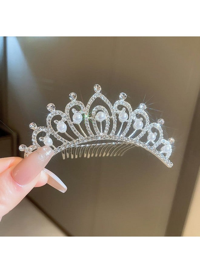 Jumwrit Silver Pearl Rhinestone Crown Hair Comb Glitter Princess Wedding Birthday Tiara Nonslip Shiny Small Hair Comb Bridal Prom Party Headpiece Hair Accessories For Women Girls (Style 2) - Image 2