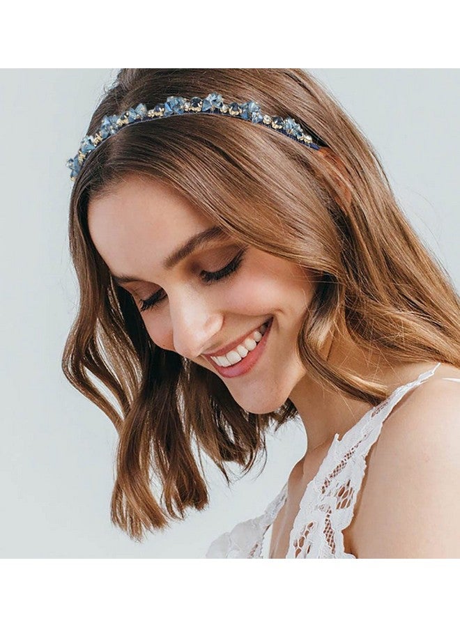 اوريو عصابة رأس رفيعة مرصعة بأحجار الراين وعصابات رأس من الكريستال اللامع وعصابة شعر ماسية للحفلات العتيقة للنساء (أزرق) - Image 3