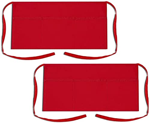 M I Fashions M I Fashions 100 Cotton Waist Apron with 3 Pockets Professional server Aprons Long Waist Strap Red Half Apron for Serving Restaurants Bar Cafe Pack of 2 Short Apron for Waiter 1550x25 Inch  - Image 1
