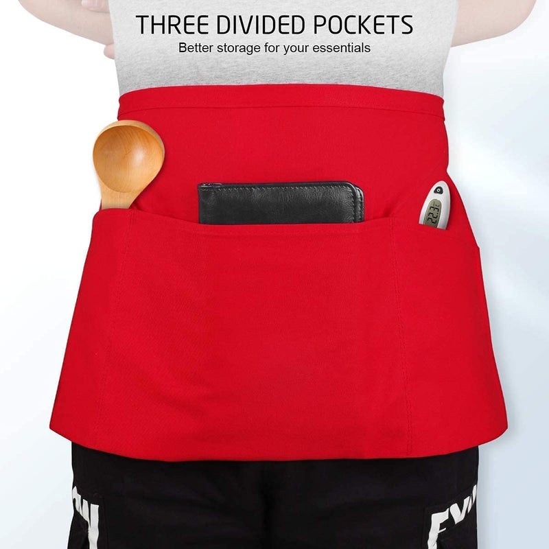 M I Fashions M I Fashions 100 Cotton Waist Apron with 3 Pockets Professional server Aprons Long Waist Strap Red Half Apron for Serving Restaurants Bar Cafe Pack of 2 Short Apron for Waiter 1550x25 Inch  - Image 3