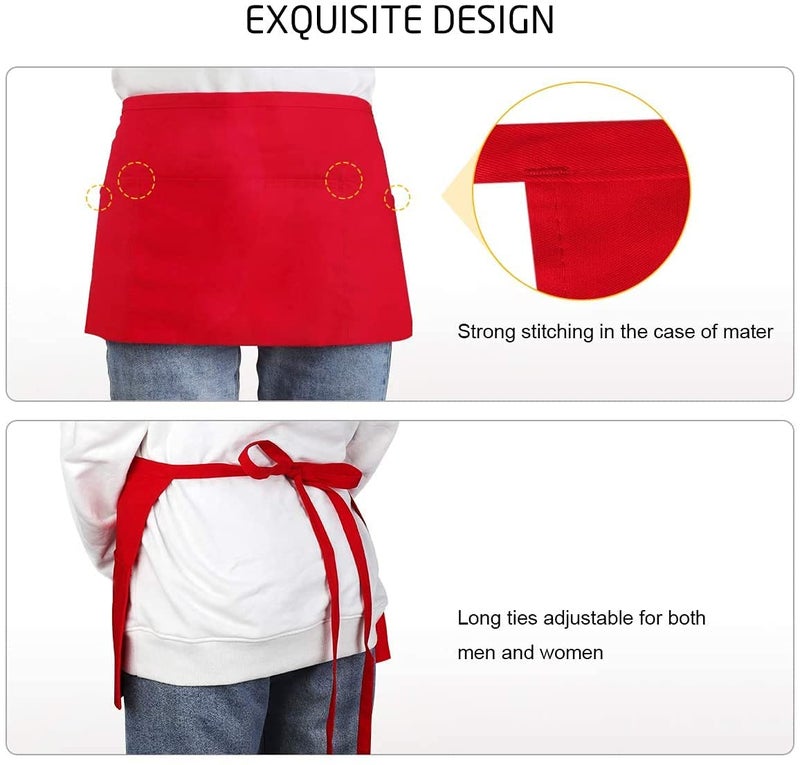 M I Fashions M I Fashions 100 Cotton Waist Apron with 3 Pockets Professional server Aprons Long Waist Strap Red Half Apron for Serving Restaurants Bar Cafe Pack of 2 Short Apron for Waiter 1550x25 Inch  - Image 4