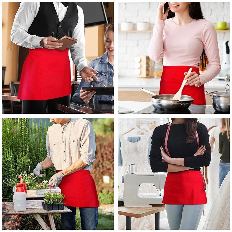 M I Fashions M I Fashions 100 Cotton Waist Apron with 3 Pockets Professional server Aprons Long Waist Strap Red Half Apron for Serving Restaurants Bar Cafe Pack of 2 Short Apron for Waiter 1550x25 Inch  - Image 5