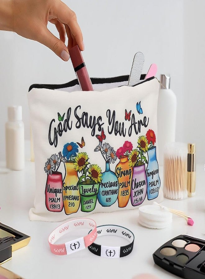 WALLFID FIDWALL Bible Verse Bracelets and Inspirational Makeup Bag Set, 2 NFC Scripture Bracelets (Black & Pink) with God Says You Are Pouch, Christian Daily Encouragement for Women (Colorful Vases) - Image 2