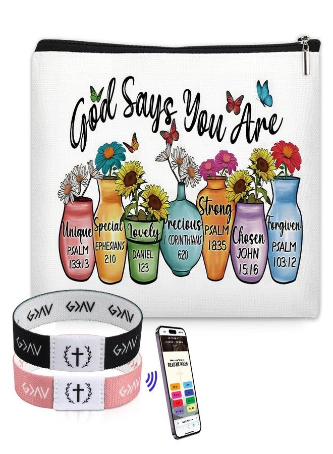 WALLFID FIDWALL Bible Verse Bracelets and Inspirational Makeup Bag Set, 2 NFC Scripture Bracelets (Black & Pink) with God Says You Are Pouch, Christian Daily Encouragement for Women (Colorful Vases) - Image 1