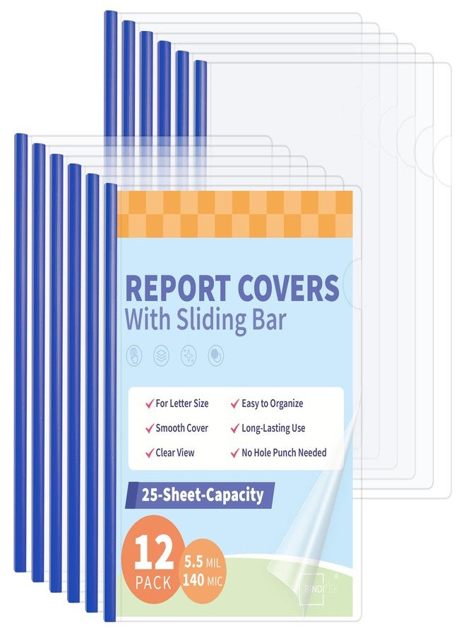 Binditek 12 Pack Clear Report Covers with Blue Sliding Bars, 25 Sheet Capacity, 5mm Binding Bars, Letter Size, 5.5 Mil Thick, for Students and Coworkers - Image 1