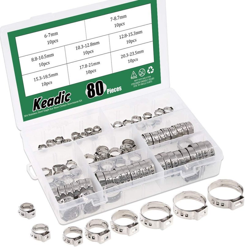Keadic 80Pcs 1/4"-15/16" 304 Stainless Steel Single Ear Hose Clamps Clips Pex Pinch Clamp Assortment Kit for Various Hoses Plastic Tubes Use - Image 1
