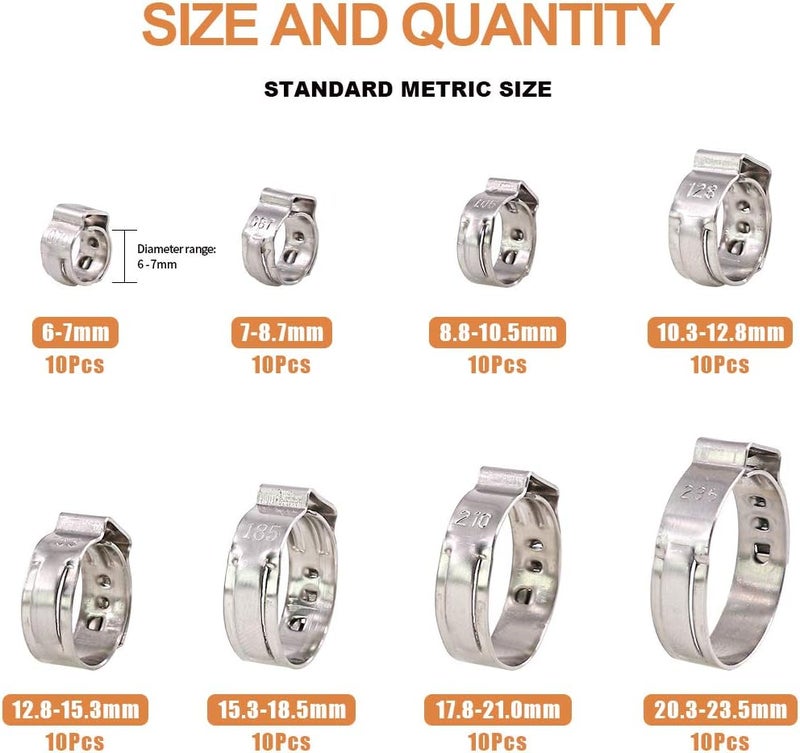 Keadic 80Pcs 1/4"-15/16" 304 Stainless Steel Single Ear Hose Clamps Clips Pex Pinch Clamp Assortment Kit for Various Hoses Plastic Tubes Use - Image 2