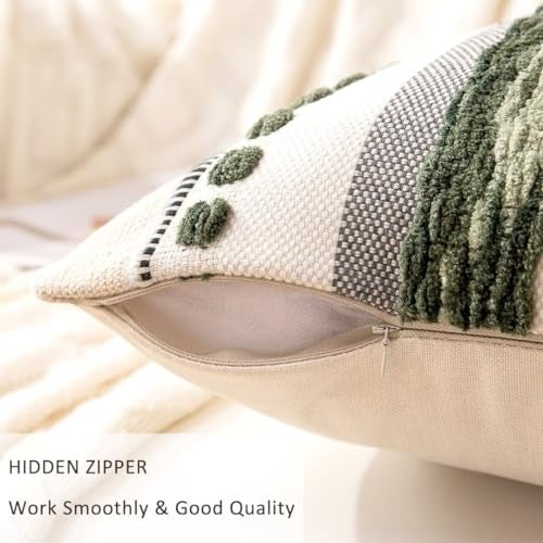 WANLIRD Boho Throw Pillow Covers 18x18 Set of 2 Christmas Decorative Cushion Case Striped Square Pillows Cover Chenille Pillow Cases Accent Neutral Pillowcase for Sofa Couch Bed,Dark Green - Image 3