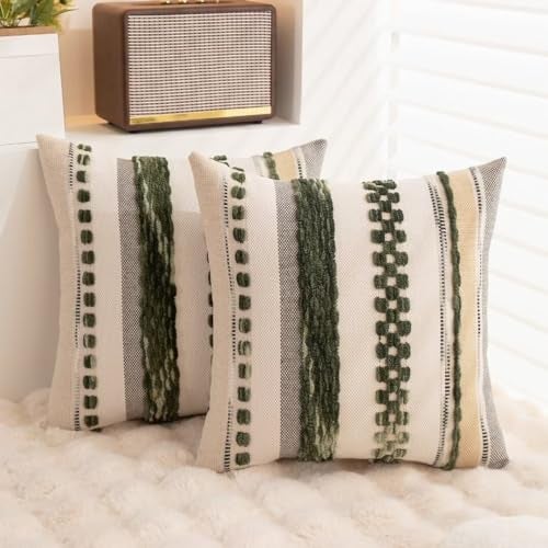 WANLIRD Boho Throw Pillow Covers 18x18 Set of 2 Christmas Decorative Cushion Case Striped Square Pillows Cover Chenille Pillow Cases Accent Neutral Pillowcase for Sofa Couch Bed,Dark Green - Image 4