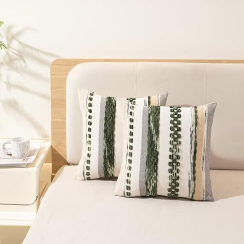WANLIRD Boho Throw Pillow Covers 18x18 Set of 2 Christmas Decorative Cushion Case Striped Square Pillows Cover Chenille Pillow Cases Accent Neutral Pillowcase for Sofa Couch Bed,Dark Green - Image 5