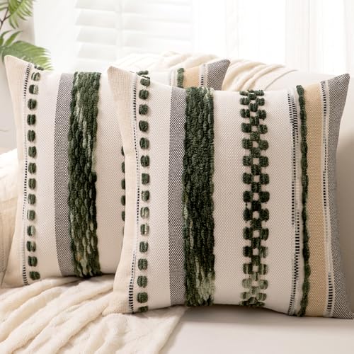 WANLIRD Boho Throw Pillow Covers 18x18 Set of 2 Christmas Decorative Cushion Case Striped Square Pillows Cover Chenille Pillow Cases Accent Neutral Pillowcase for Sofa Couch Bed,Dark Green - Image 1