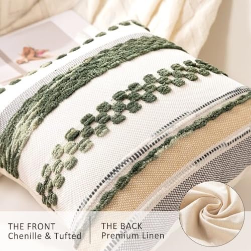 WANLIRD Boho Throw Pillow Covers 18x18 Set of 2 Christmas Decorative Cushion Case Striped Square Pillows Cover Chenille Pillow Cases Accent Neutral Pillowcase for Sofa Couch Bed,Dark Green - Image 2