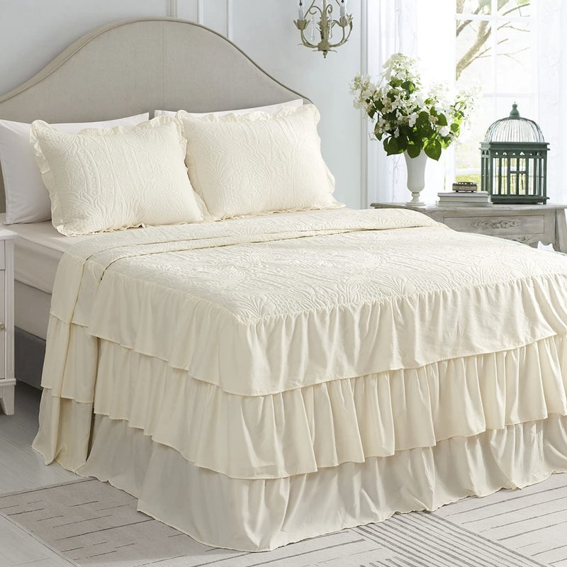 CHIXIN CHIXIN Ruffle Skirt Bedspread King Size  30 Long Drop Shabby Chic Style Lightweight Bedding Cover 3 Piece Set Chic Layers Ivory 
