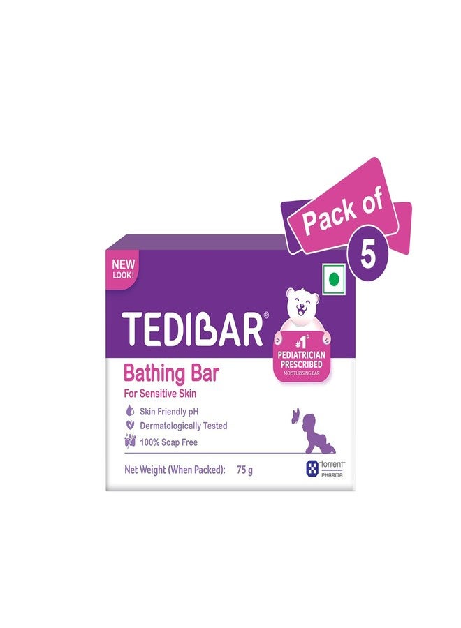 Tedibar Moisturising Baby Bathing Bar with Skin Friendly PH|100% Soap Free|Prevents Dryness & Rashes|Dermatologically Tested 75gm x Pack of 5 - Image 1
