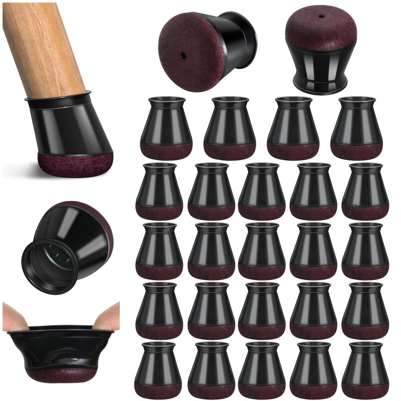 PISAO 24 Pcs Chair Leg Floor Protectors Black Silicone Chair Leg Protectors Caps Covers for Hardwood Floors Furniture Pads Sliders with Wrapped Felt Bottom Small Fit05075