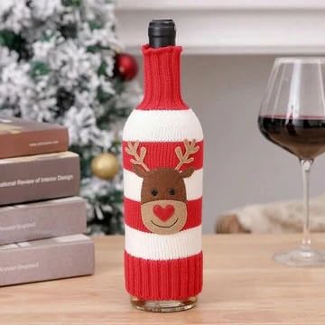 The Decor Wick Knitted Christmas Wine Bottle Covers – Set of 2 (Reindeer & Snowman Design) – Red & White Striped Wool Covers - Image 5