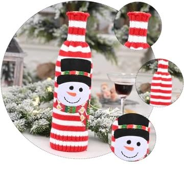 The Decor Wick Knitted Christmas Wine Bottle Covers – Set of 2 (Reindeer & Snowman Design) – Red & White Striped Wool Covers - Image 3