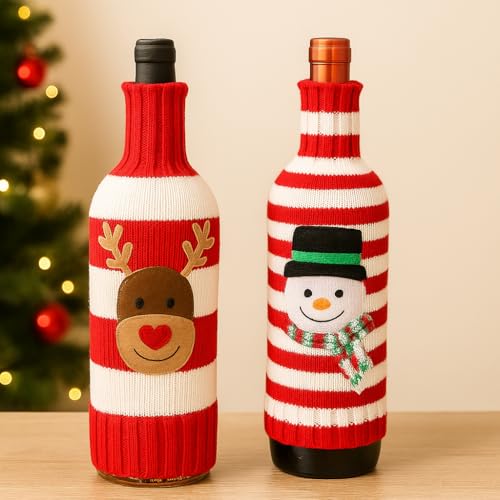 The Decor Wick Knitted Christmas Wine Bottle Covers – Set of 2 (Reindeer & Snowman Design) – Red & White Striped Wool Covers - Image 1