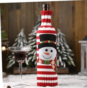 The Decor Wick Knitted Christmas Wine Bottle Covers – Set of 2 (Reindeer & Snowman Design) – Red & White Striped Wool Covers - Image 2