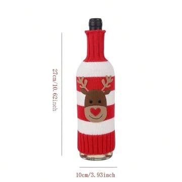 The Decor Wick Knitted Christmas Wine Bottle Covers – Set of 2 (Reindeer & Snowman Design) – Red & White Striped Wool Covers - Image 4