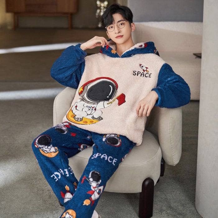 Coral Fleece Pajamas Men's Winter Hooded Fleece Plus Cartoon Cute Dinosaur Plus Size Teenager Home Suit - Image 1