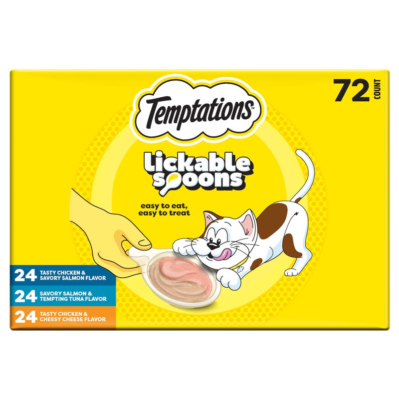 Temptations Lickable Spoons, Soft Lickable Cat Treats, Adult Wet Cat Treats, Variety Pack, 72 Spoons - Image 1