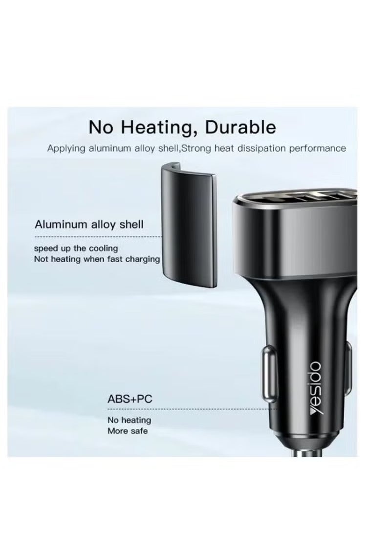 Yesido Y47 49W Car Fast Charger with Dual USB & USB-C Ports, 3-Port Simultaneous Charging Adapter for Smartphones, Tablets, GPS – Compact, Smart IC Power Distribution, Universal Compatibility for Android, iPhone, iPad & Type-C Devices – Black  - Image 2