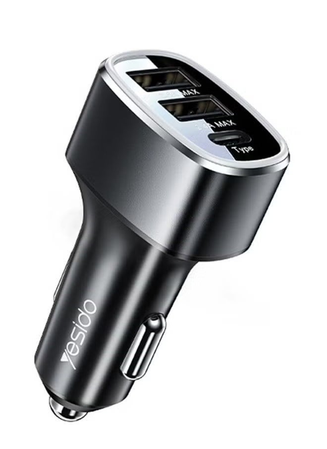 Yesido Y47 49W Car Fast Charger with Dual USB & USB-C Ports, 3-Port Simultaneous Charging Adapter for Smartphones, Tablets, GPS – Compact, Smart IC Power Distribution, Universal Compatibility for Android, iPhone, iPad & Type-C Devices – Black  - Image 1