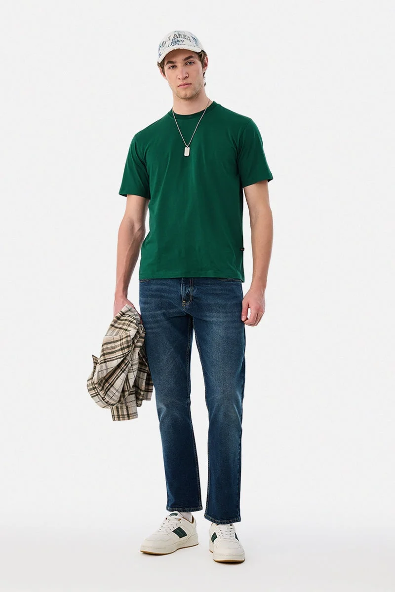 سنيتش Dark Green Solid Half Sleeve Regular Fit T-Shirt