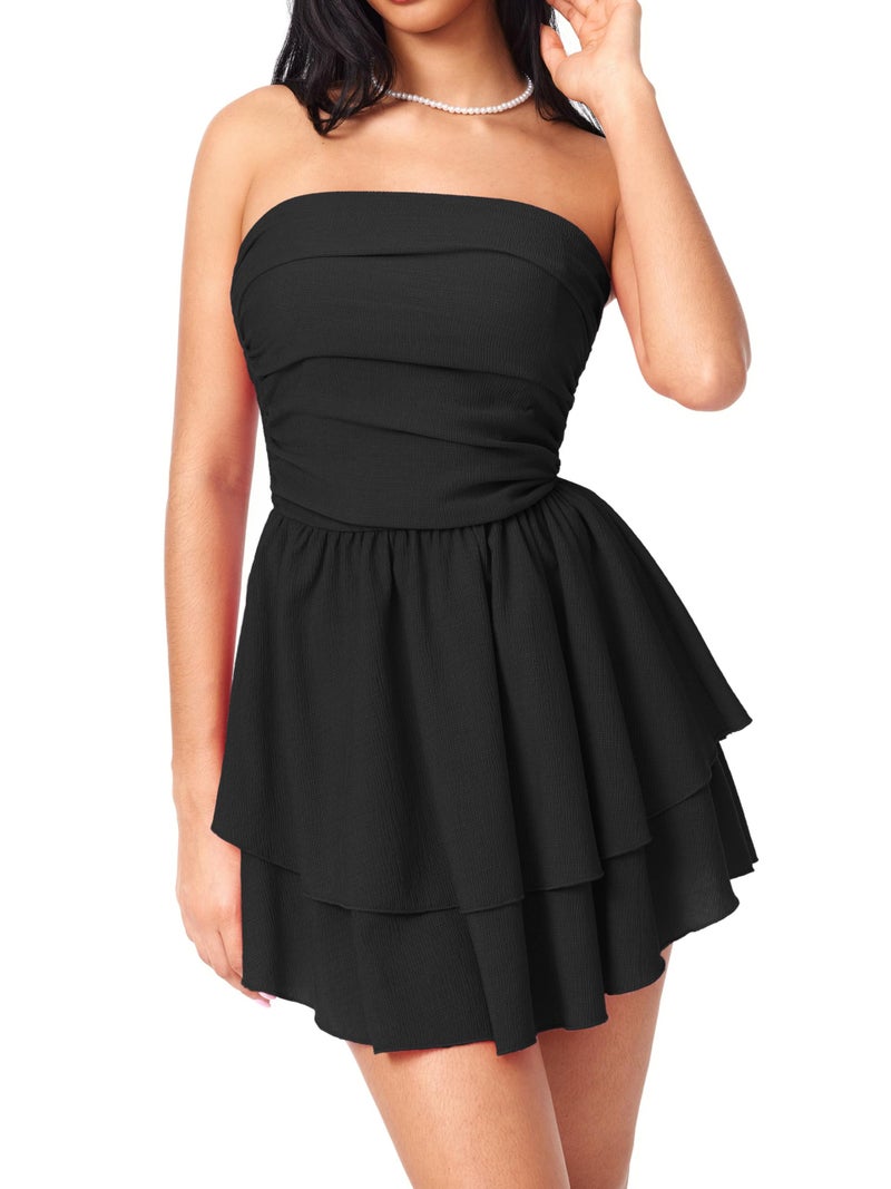 CIDER Women's Summer Cocktail Dress - Tube Ruched Ruffle Mini Dress: Black, XL - Image 2