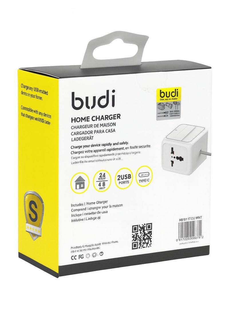 بودي شاحن منزلي من بودي بقوة 24 واط | منفذي USB + منفذ Type-C | مقبس عالمي | كابل بطول 1.8 متر | محول شحن سريع للأجهزة المحمولة - Image 3