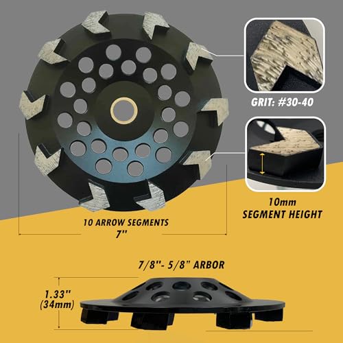 EDiamondTools 7" High Performance Diamond Grinding Wheels for Concrete, Paint, Epoxy, Mastic, Coating Removal, #30/40 Grit, 10 Arrow Segments, 7/8"-5/8" Arbor - Image 3